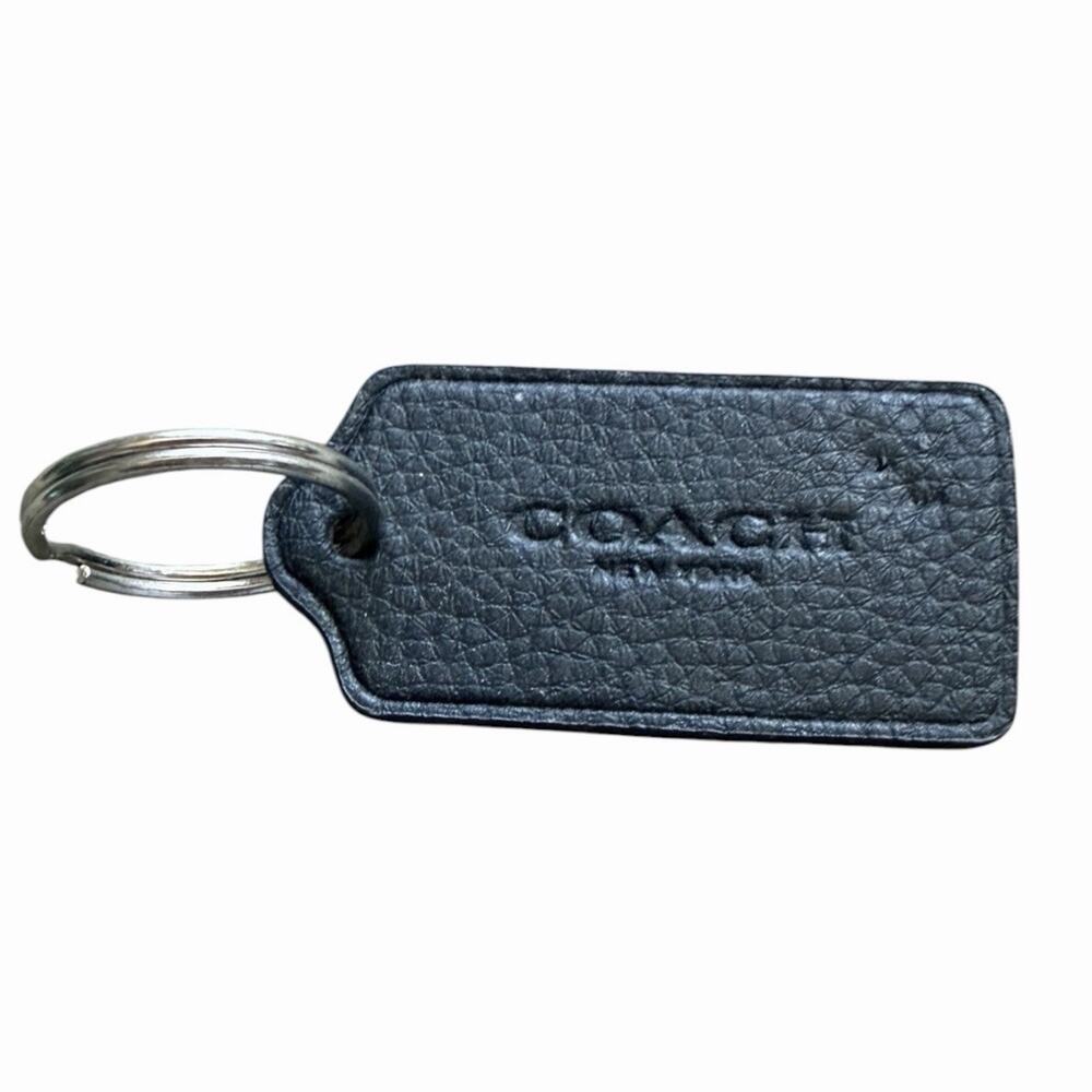 Coach New York Black Pebbled Leather Key Fob Keychain Key Ring Logo Tag